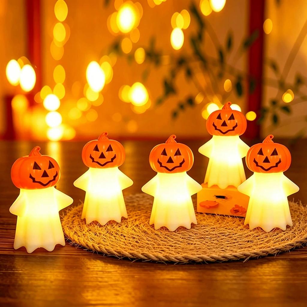 Halloween Light Up Pumpkin Ghost Figurine Decorative Tabletop LED Night Light Halloween Party Decoration Indoor Outdoor Seasonal Ornament