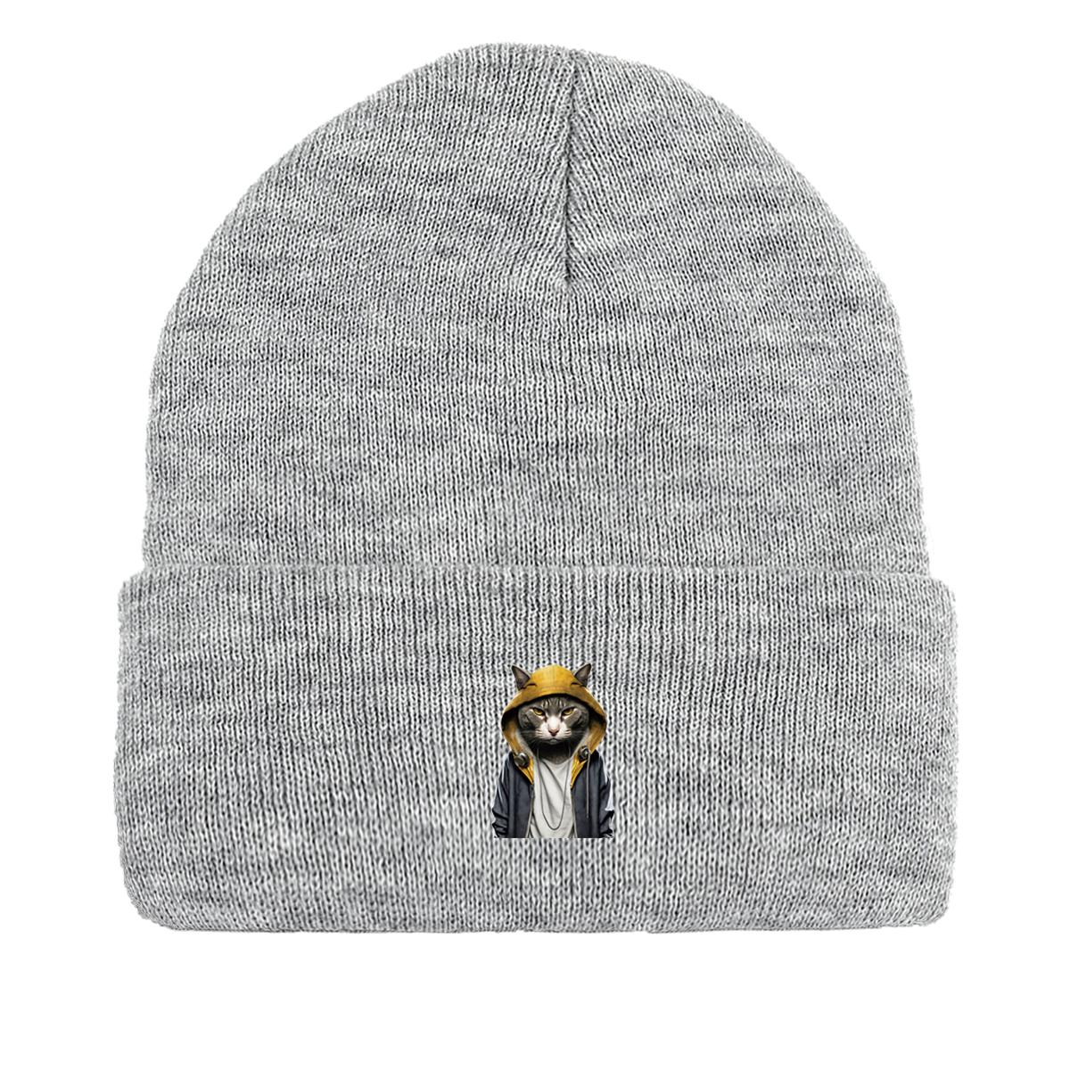 

Вязаная шапка-бини с принтом кошки, женская шапка, облегающий эластичный головной уборВязаная шапкаШапка бини, идеально подходит для мужчин и женщин, городской стиль, для походов as the picture серый