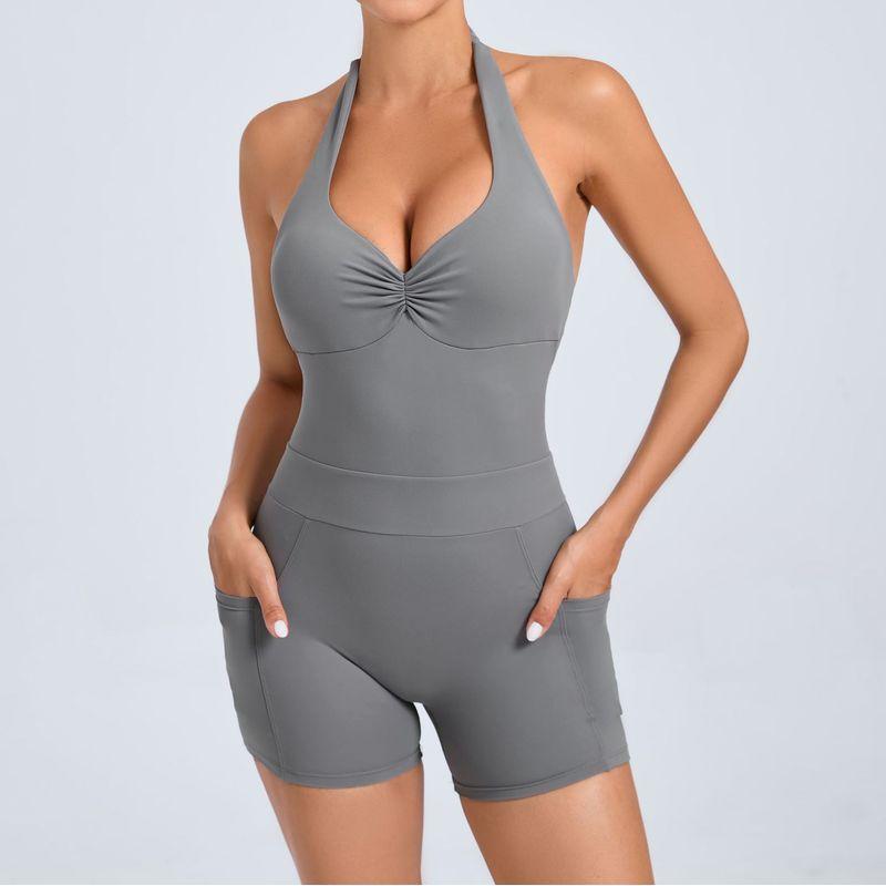 

Bombshell Same Style Open Back Adjustable Halter One-Piece Workout Clothes Two-Side Pocket Sports Jumpsuit Dark gray L