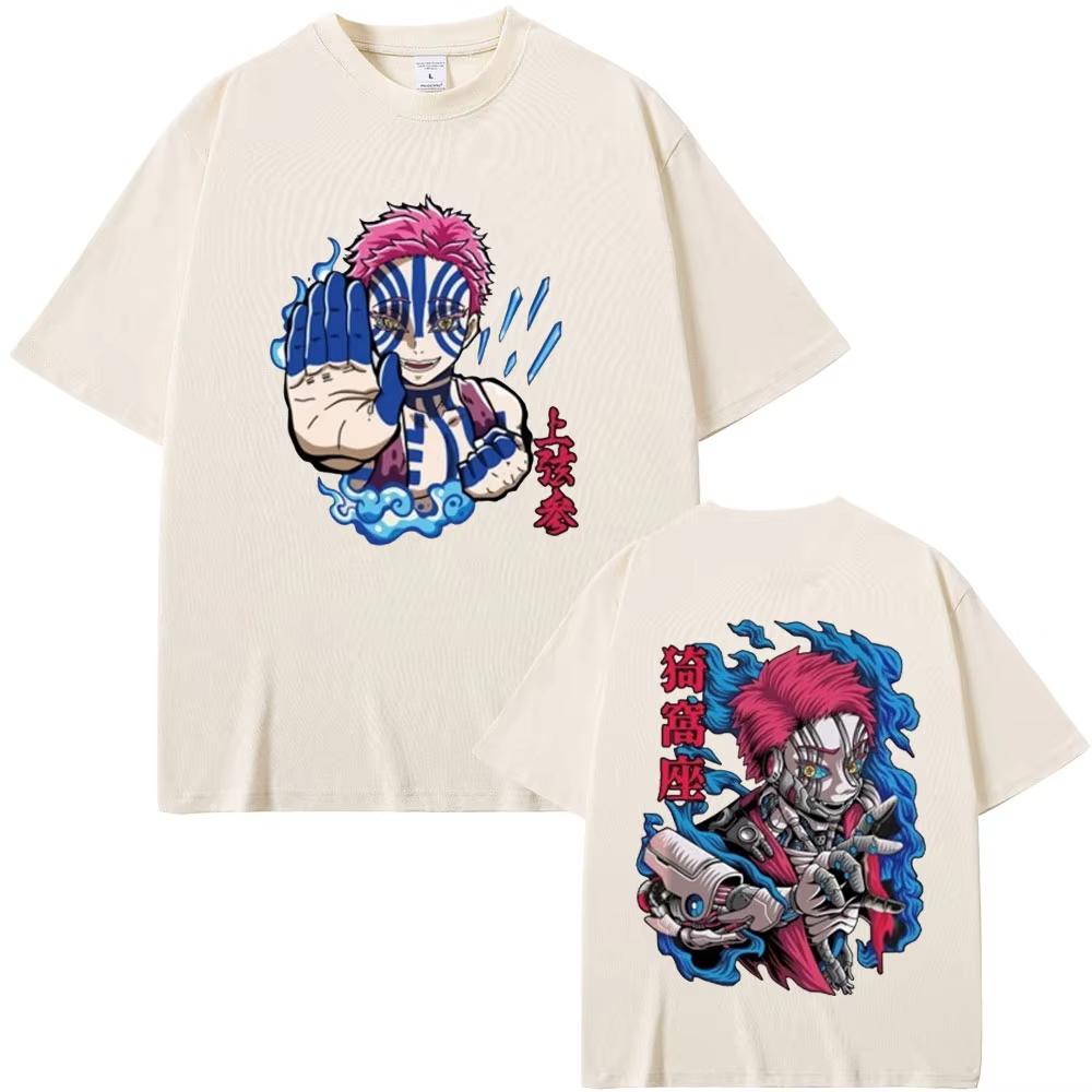 Anime Demon Slayer Akaza Doppelseitiger Druck T-Shirt Männer Frauen Kleidung Cartoon Übergroßes T-Shirt Männlich Lässig Weiche Baumwoll-T-Shirts