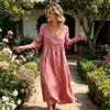 Summer Linen Dress for Women, Casual Beach A-Line Flowy Sundress, Short Sleeve V Neck Hollow Eyelets Long Dress