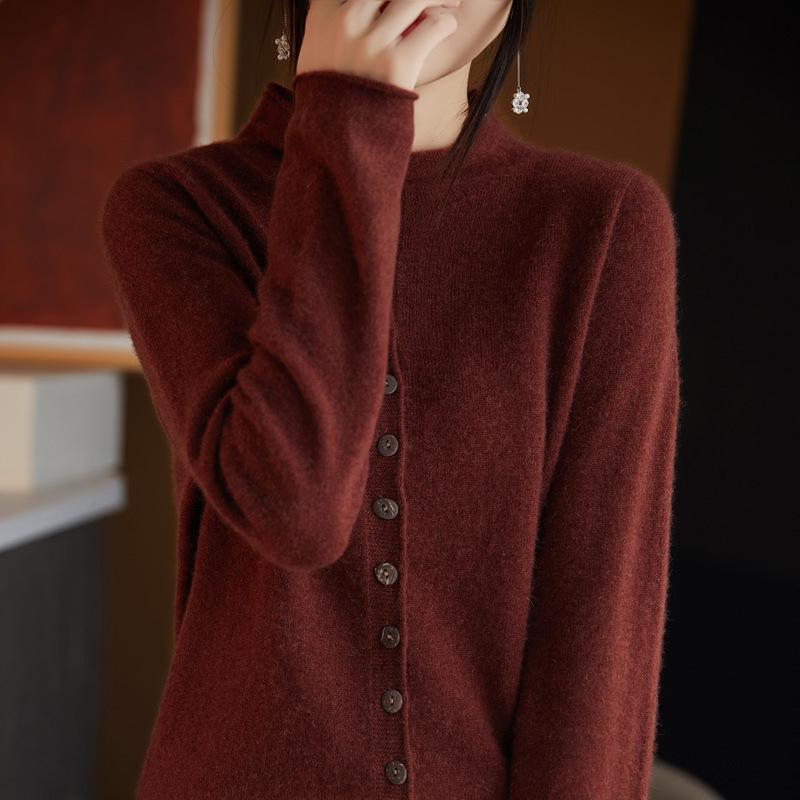 Dámský podzimní pletený kardigan s dlouhým rukávem a zapínáním na knoflíky a zimní francouzská pletená bunda