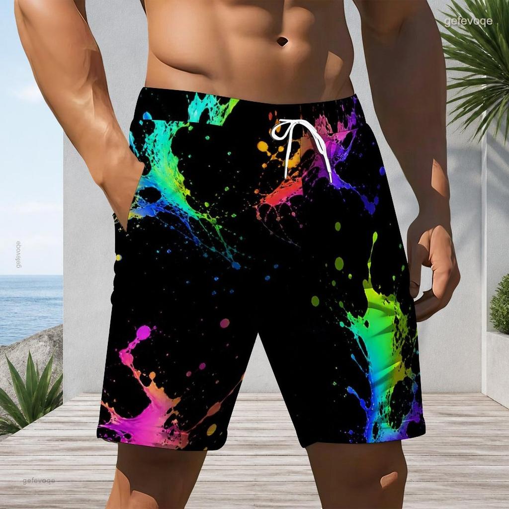Men s Plus Size Colorful Ink Splash Printed Drawstring Waist Straight Leg Beach Shorts With Side Pockets