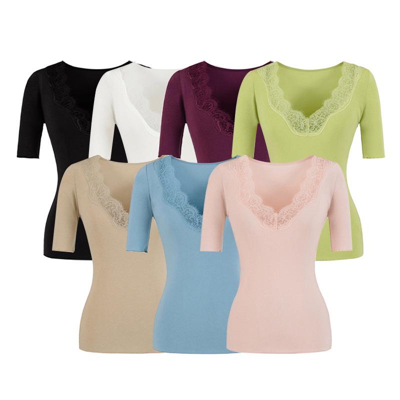 Elegant Lace Patchwork 5-Sleeve V-Neck Slimming Top - Spring/Summer 2026