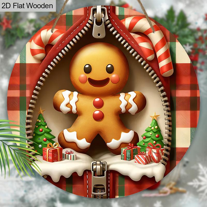 Christmas Wooden Sign with Adorable Gingerbread Man Pattern - Navidad Round Sign for Front Door, Wall Hanging Decor - Ideal Christmas Decoration