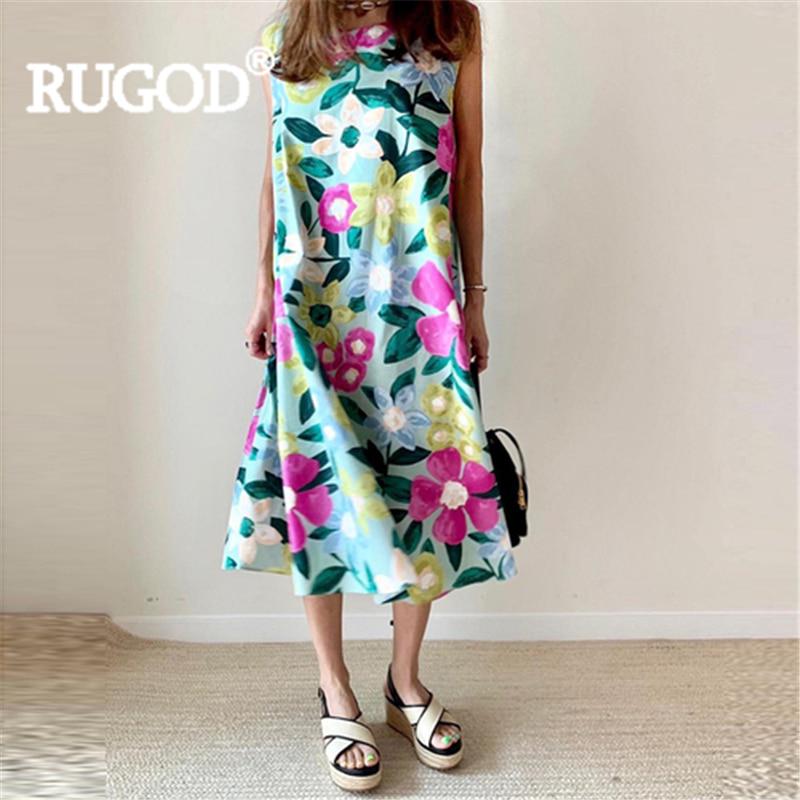 Vestido holgado con estampado floral para mujer, cuello redondo, sin mangas, elegante, hasta media pantorrilla, talla grande, informal, largo, nuevo, de moda, femenino