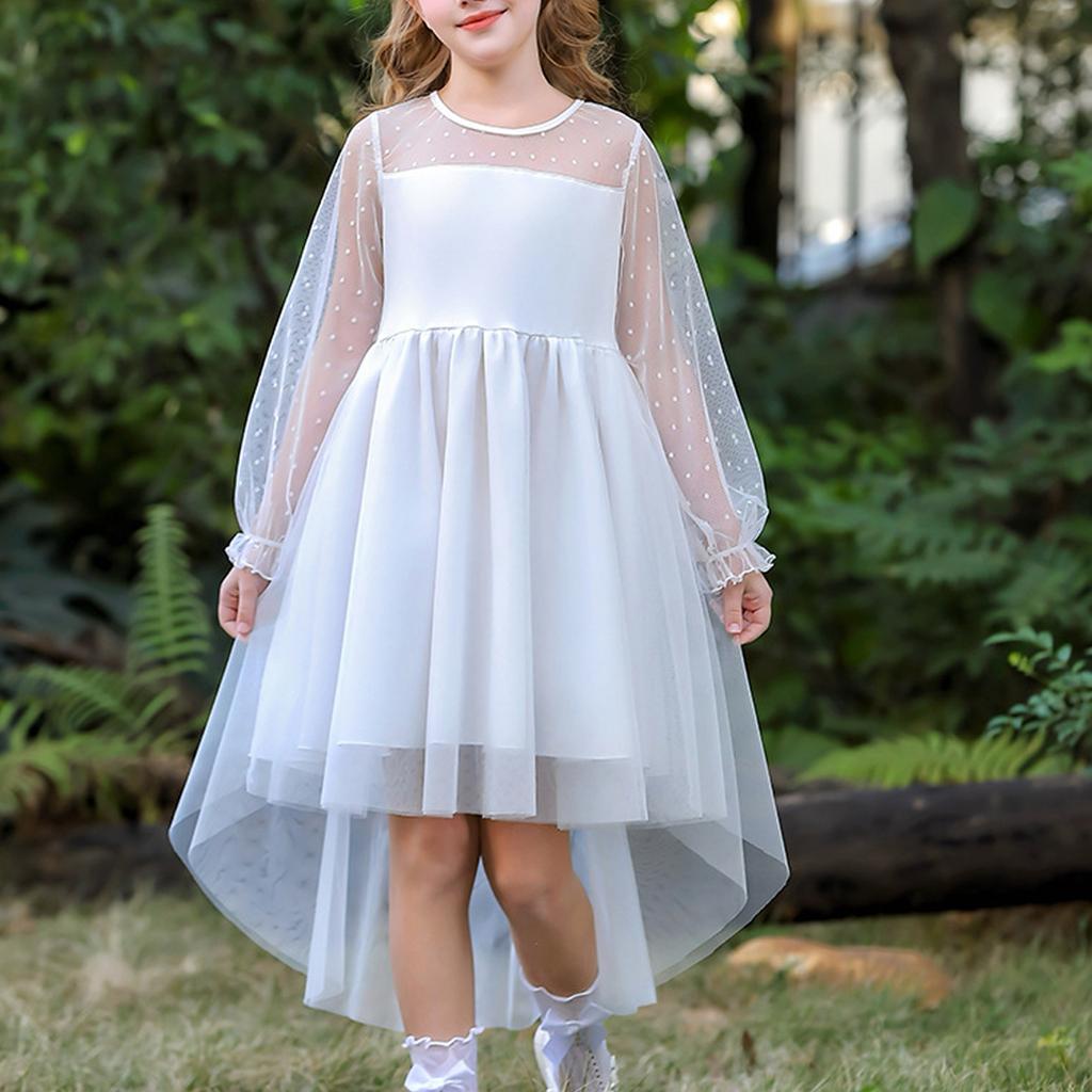 Girls Dresses Contrast Mesh Long Sleeve Twirly High Low Birthday Party Formal Dress
