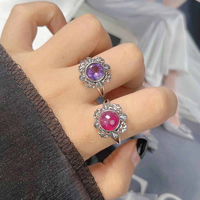 Vintage Hollow Pattern Thai Silver Ring Women'S S925 Sterling Silver Inlaid With Natural Jasper Topaz Gemstone Index Finger Ring