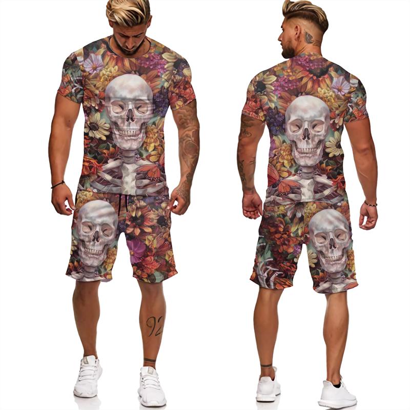 Skull Floral 3D Print Suit for Men Tshirts/Shorts 2pcs Vintage Outfits Sets Gothic Trendy Streetwear Tracksuit Clothing for Male