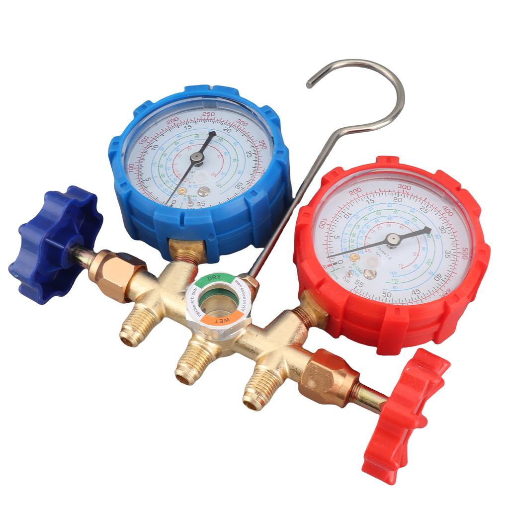 AC Gauges, AC Manifold Gauge Set for R134a R32 R22 R410A, 3 Way Automotive AC Gauge Set with Hoses Adapter