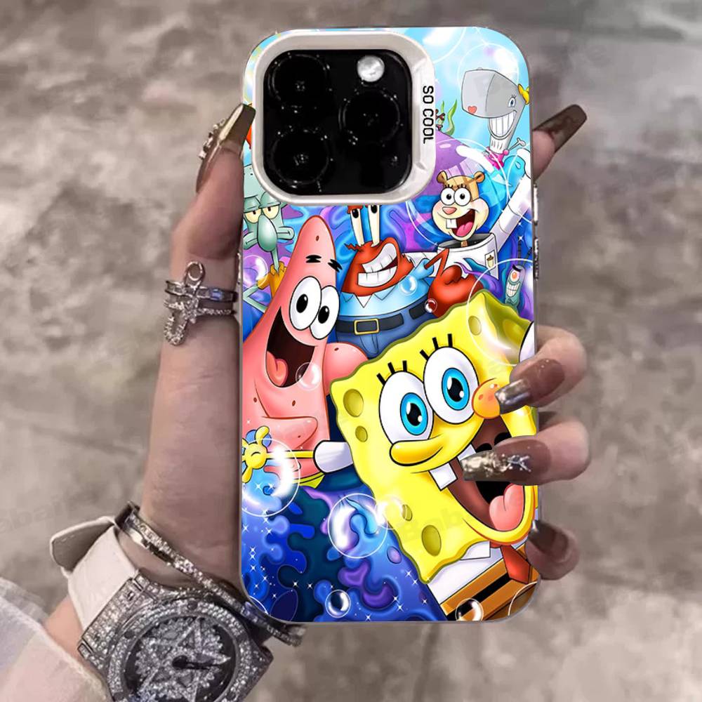 Cartoon Niedlich S-SpongeBob Anime Handyhülle Für IPhone 17 16 15 14 11 12 13 Pro Max Pro Plus Farbige Silberne Hülle