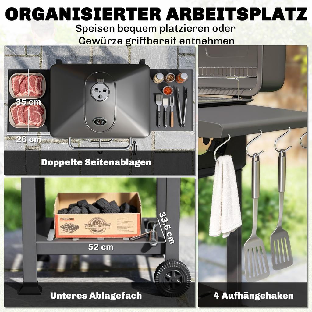 Holzkohlegrill BBQ Smoker mit Deckelthermometer Höhenverstellbare Kohleschale Grillrost Seitentisch Ascheschale