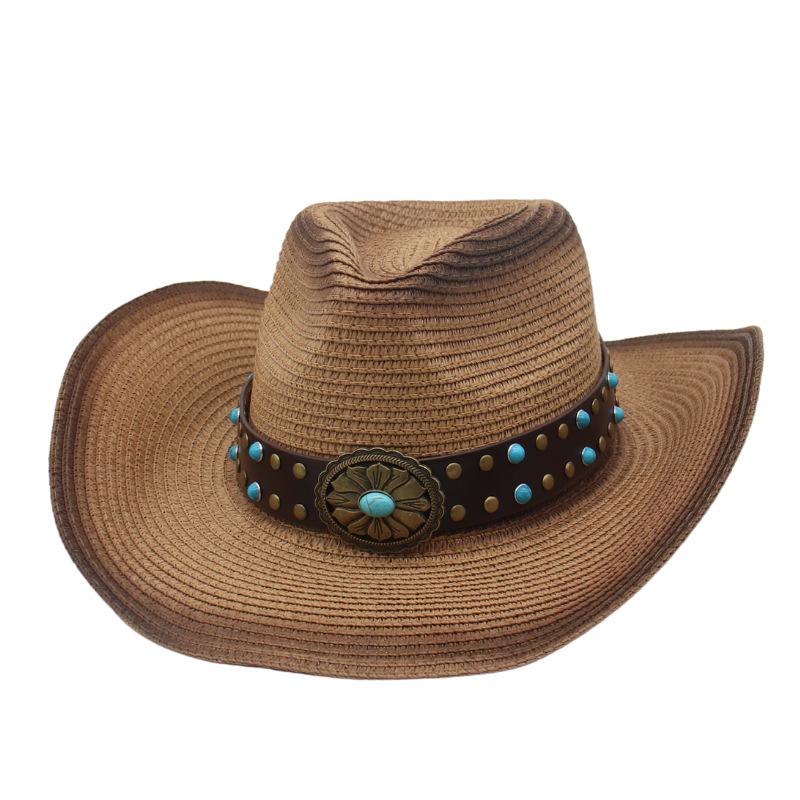 Turquoise Totem Hollow Straw Hat Female Summer Outdoor Travel Shading Mountaineering Western Cowboy Straw Hat Male