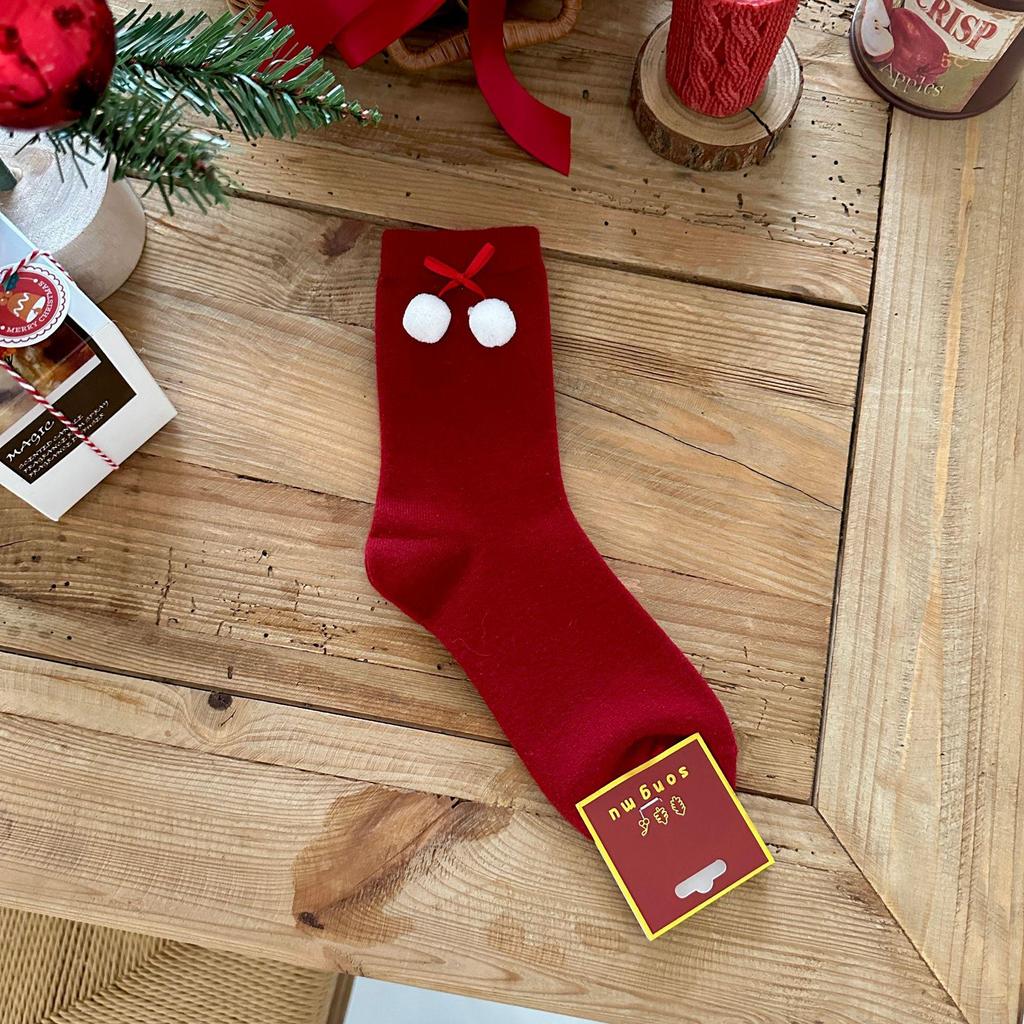 Songmu Benming Year Red Polka Dot Women's Socks - Autumn/Winter Joyful New Year Pile Socks