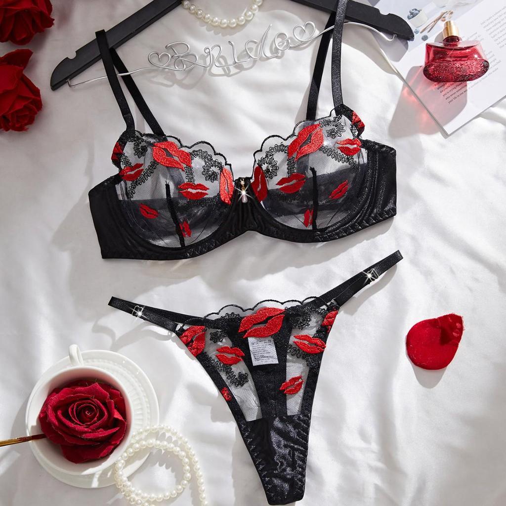 European & American Sexy Lingerie Set: Hot Red Lip Embroidered Mesh Satin Push-Up Bra with See-Through Panties