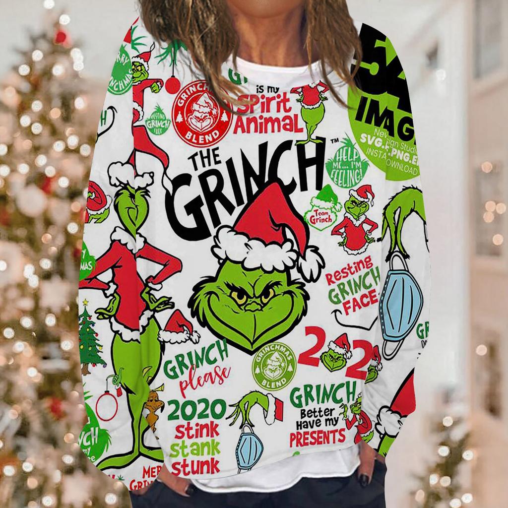 Damen Casual Fashion Weihnachten Bedrucktes Langarm-Sweatshirt mit O-Ausschnitt Lagenpullover