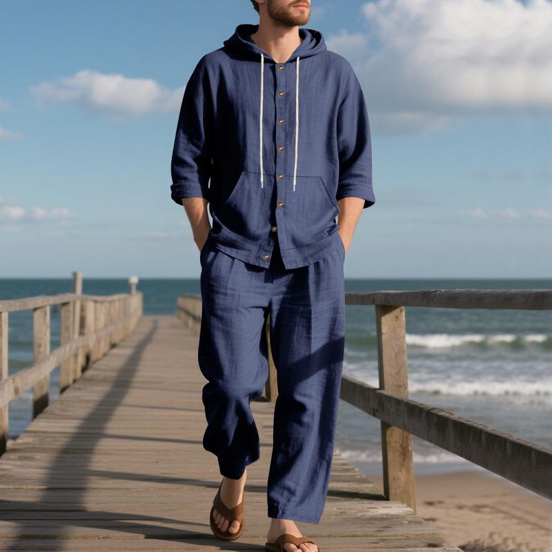 

Мужской весенний повседневный льняной пляжный костюм с капюшоном: рубашка с длинным рукавом и брюки XXXL темно-синий
