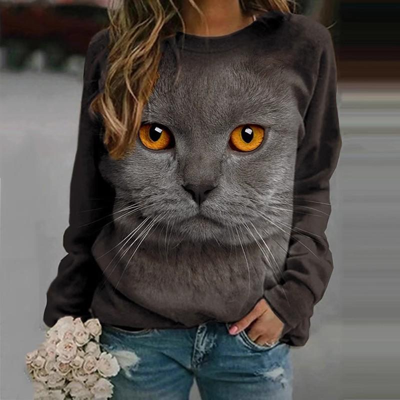 Printed Round Neck Cute Cat Animal Casual Long Sleeve T-Shirt