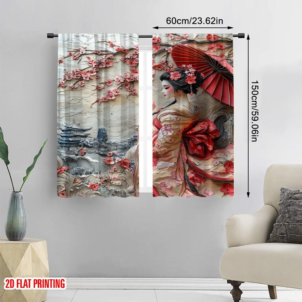 2pcs Spring party Curtain Vintage Japanese Geisha Polyester,Without Electricity Versatile Perfect for bedroom living room