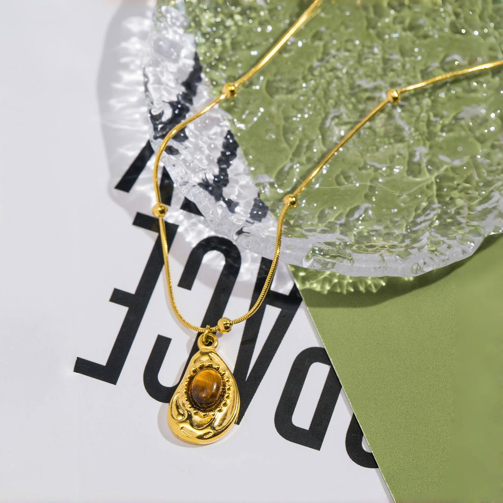 Fashion Natural Tiger's-eye Stone Water Droplet Pendant Necklace Stainless Steel Choker Women PVD Plated Waterproof Jewelry