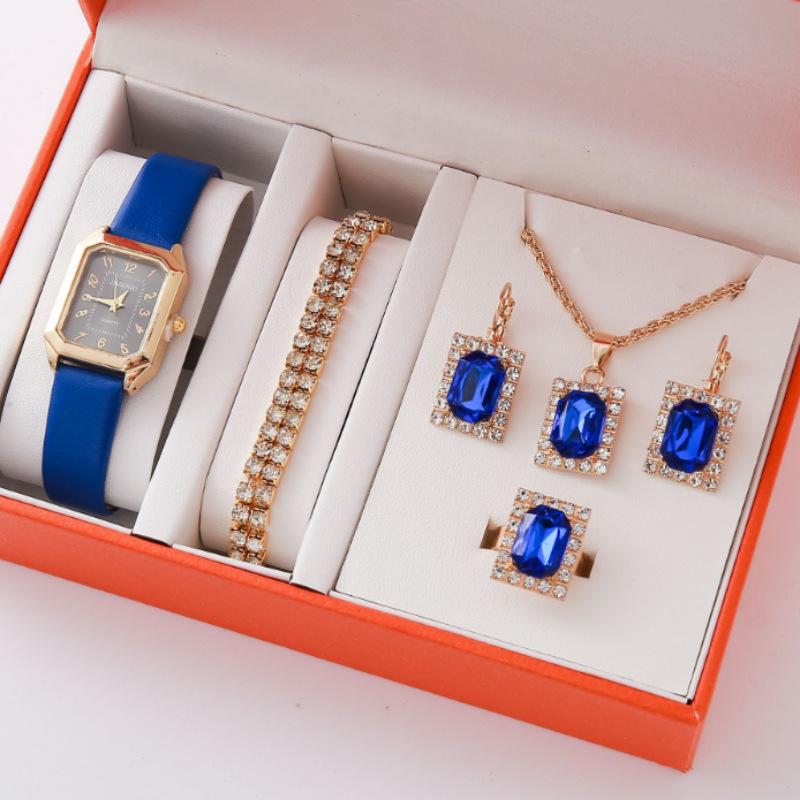 New Casual Fashion Leather Women'S Business Square Quartz Watch Korean Version Of Rhinestone Jewelry Set Watch