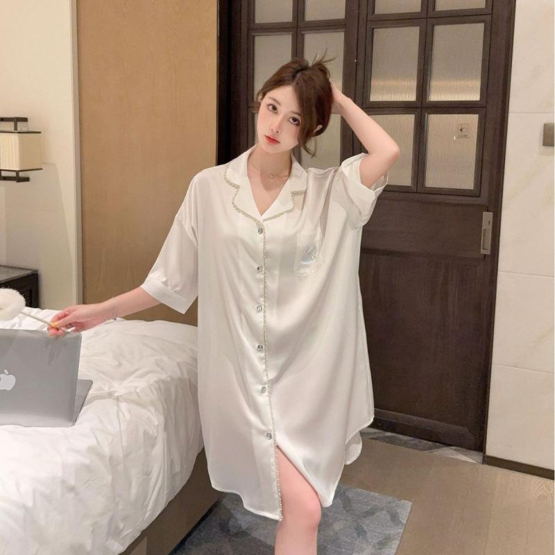 1011 new nightdress large size shirt skirt short sleeve thin can be worn outside ice silk casual breathable comfortable home clothing