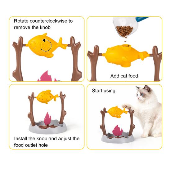 Drehender Fisch Katzenleckerli-Spender Interaktives Gegrillter Fisch über Lagerfeuer Katzenspielzeug Spaß Langsamfresser Enrichment-Spielzeug für Wohnungskatzen Spieltraining
