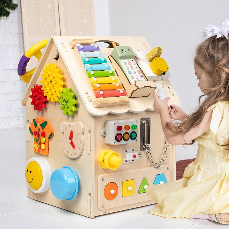 Early Education Blue Busy House Busy Board Wooden Montessori Unlocking Playing Music Concentration Training Teaching Children Toys