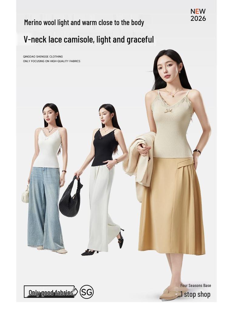 Women's Lace Camisole with Bow & Chest Pads - Warm Velvet-Lined Sleeveless Top for Autumn & Winter