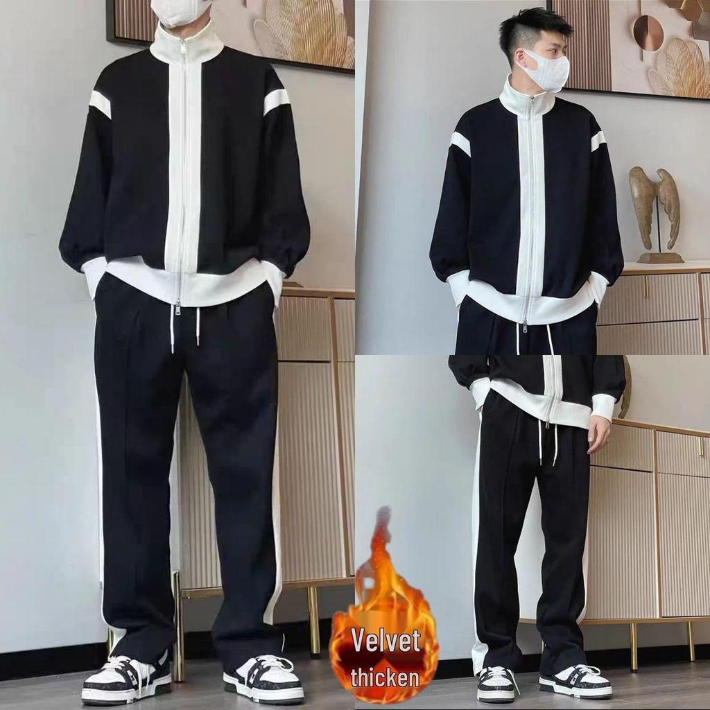 סט בגדי ספורט לגברים במידות גדולות עם בטנת פליז - גזרה רפויה, קז'ואל, ביגוד עליון רב-תכליתי לסתיו ולחורף