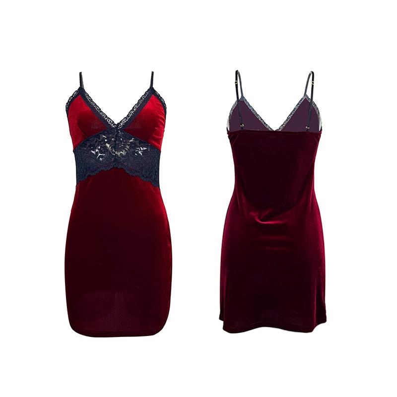 Fei Yun Straight Hair Women's Wine Red Velvet Nightdress Black Lace Splicing Deep V Backless Slim Sling Short 119