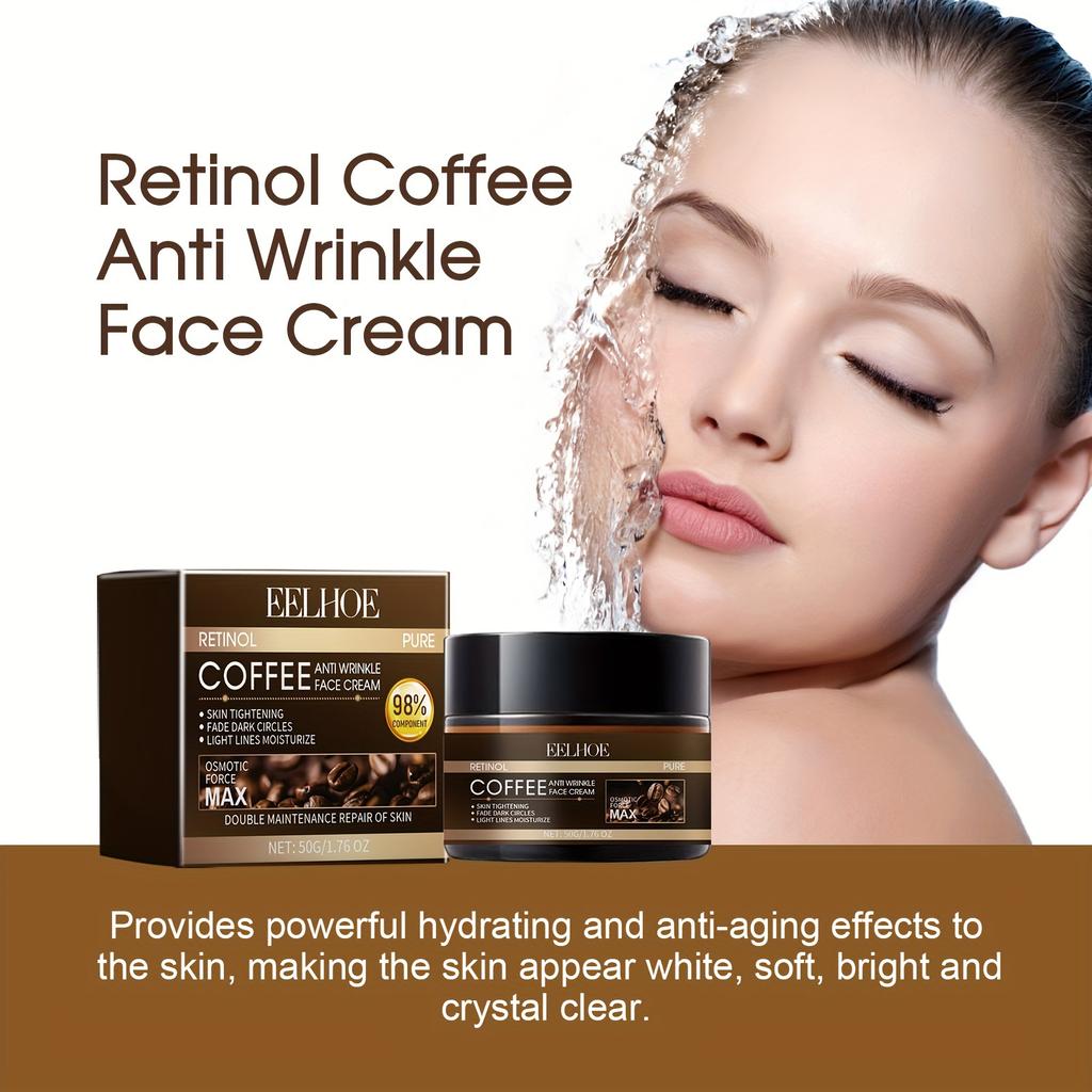 Retinol Coffee Cream Tightens Skin, Smooths Out Wrinkles, Dark Circles, Hydrates, and Makes The Skin Appear More Youthful.
