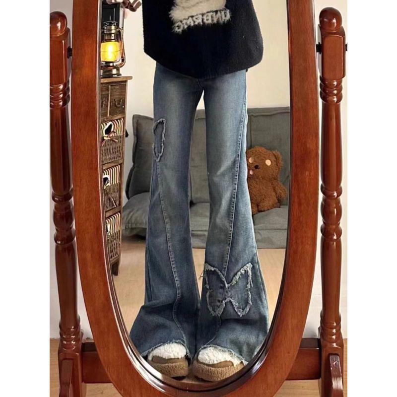 Petite Women's Butterfly Embroidered Micro-Flare Jeans for Spring/Autumn, Plus Size Available