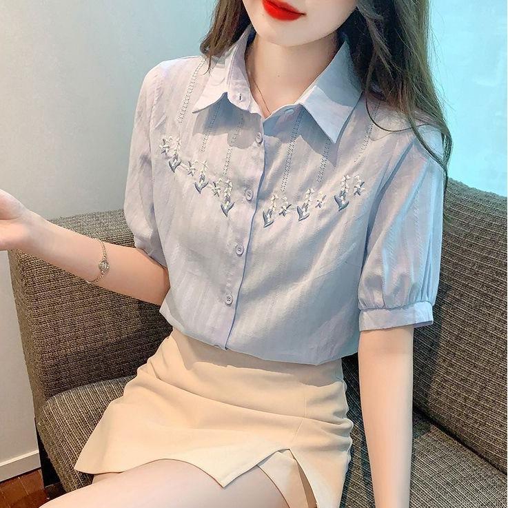 Cămașă de damă la modă din bumbac pur brodată cu mânecă scurtă - Vara 2024