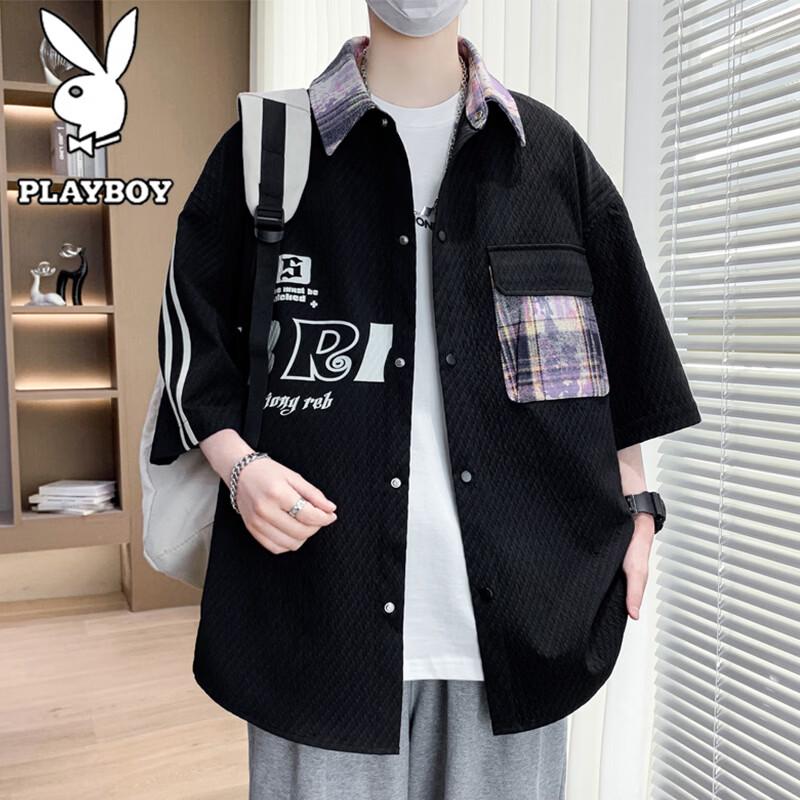 PLAYBOY Men s Summer Casual 7-Sleeve Lapel Shirt 4XL чёрный