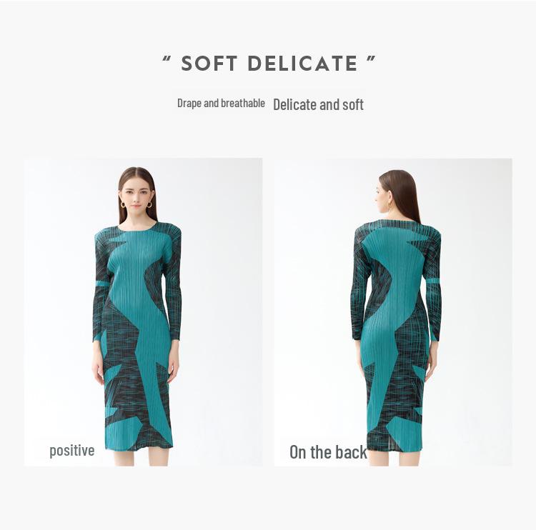 Elegantes A-Linien-Damenkleid: Frühling 2025, Rundhalsausschnitt, Kontrastfarbe, Lässiger Stil, Slim Fit, Langarm.