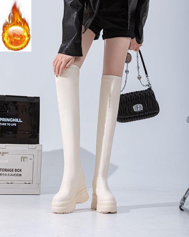Fashion 11CM Microfiber Leather Platform Wedge Knee High Booties Women Autumn Slip On Spring Chimney Hidden Heels Over The Shoes