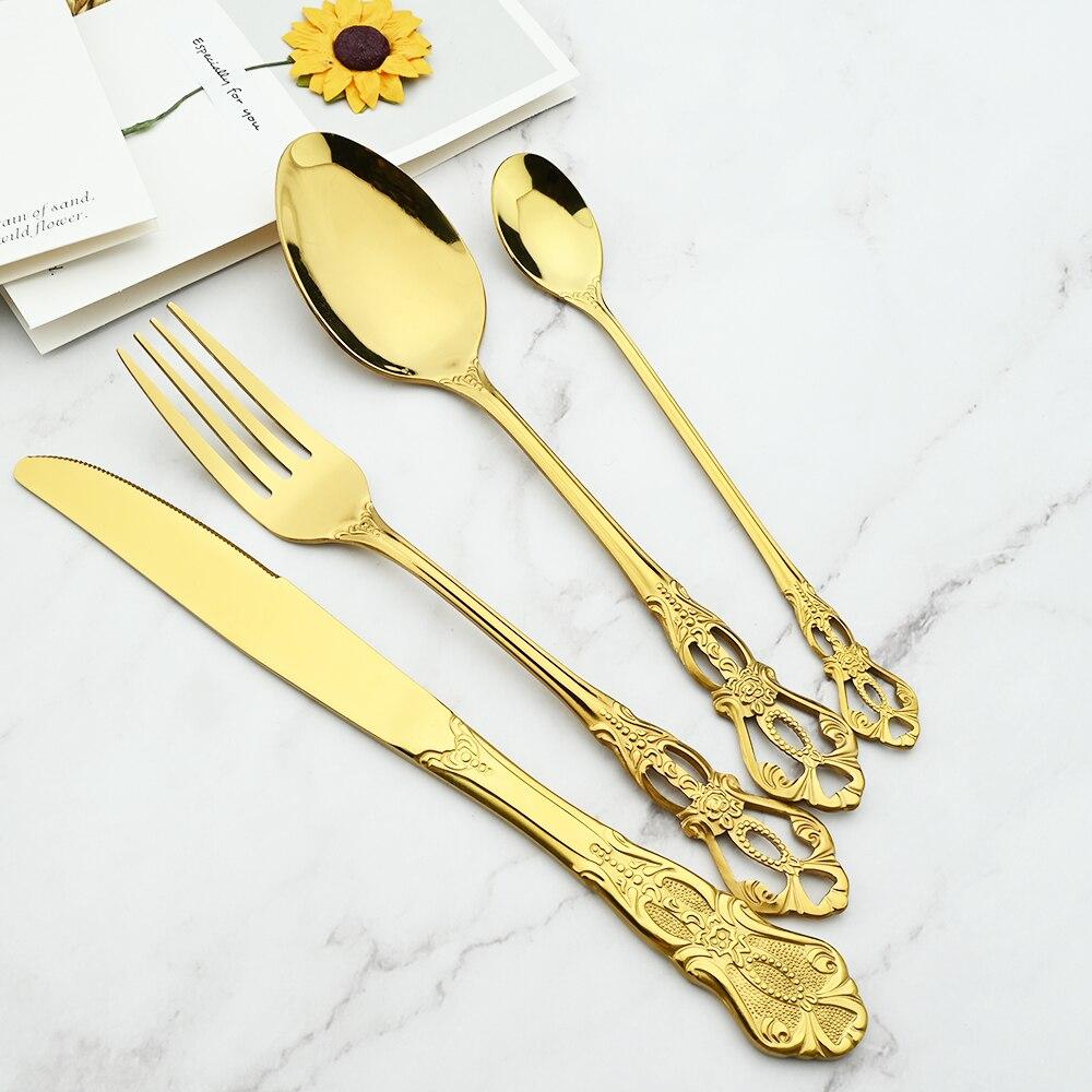 Royal 6/30Pcs Gold Dinnerware Knife Fork Long Ice Spoons Flatware Stainless Steel Cutlery Set Kitchen Silverware Tableware Set