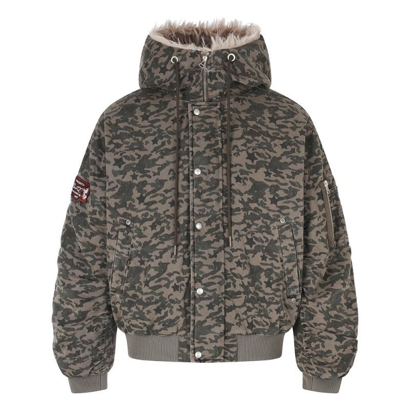 Vintage Mens Camo Hooded Puffer Jacket Loose Fit Winter Casual Warm Coat Young Men