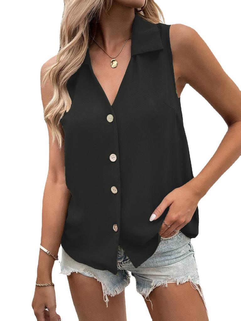 Ärmellose Damen V-Ausschnitt Knopfleiste Bluse Lässiges Einfarbiges Tanktop Hemd