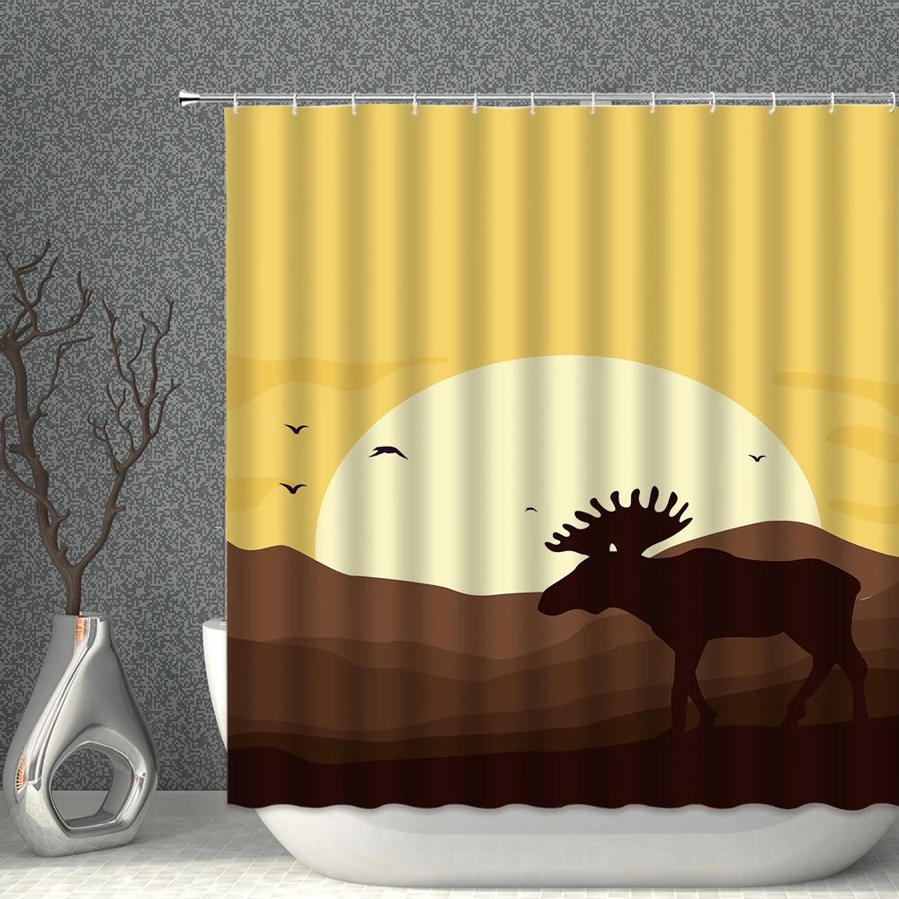 Animals Landscape Shower Curtain Set Wild Elk Forest Trees Green Plants Grassland Home bathroom Decor Hanging curtains Washable