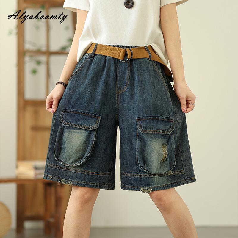 Korean Fashion Summer Women Casual Loose Capris Elastic Waist Dark Blue Denim Pants Vintage Washed Cotton Short Jeans With Belt
