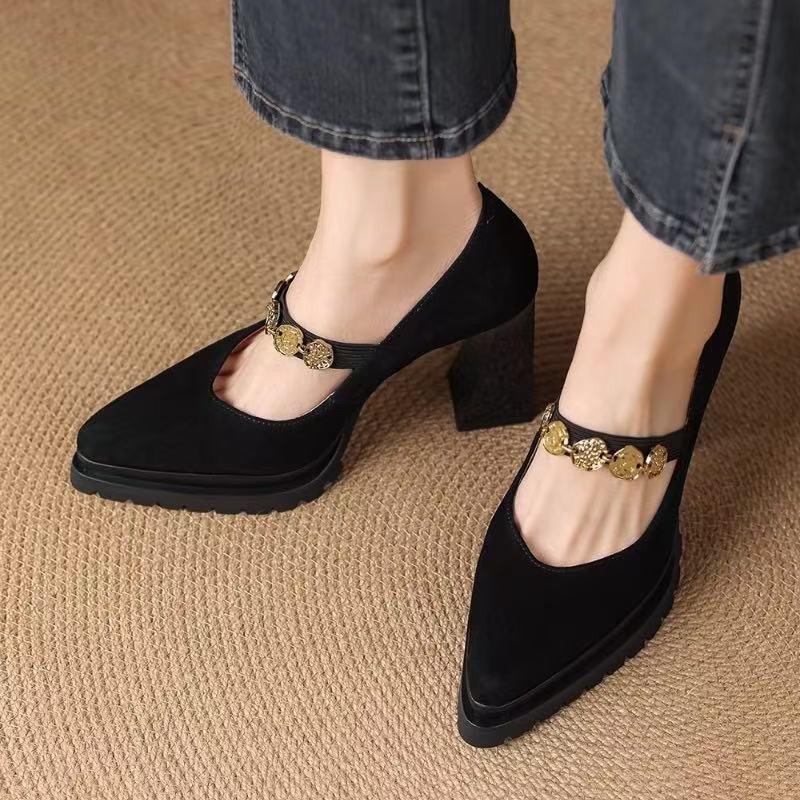 Fashion Platform Metal Buckle Foot Anti-slip Wear-resistant High Heels Autumn New Pointed Toe Shallow Mouth Anti-slip Single Shoes