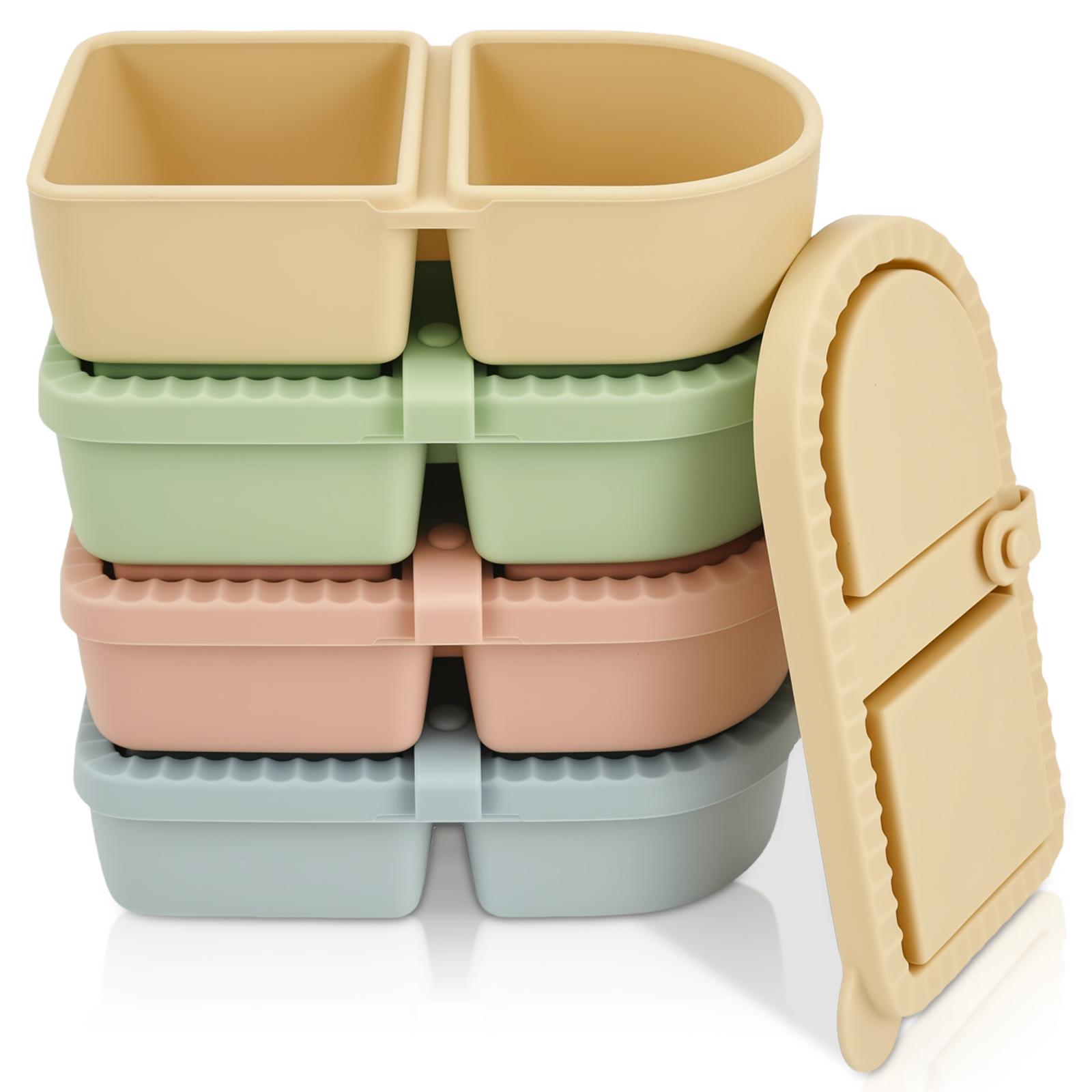 4Pcs Silicone Snack Container Portable Double Compartment Sauce Box Leakproof Stackable Dressing Food Storage Box for Outdoor