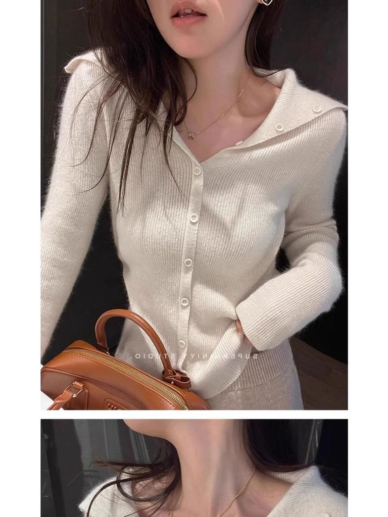 Women's French Style Red Knit Cardigan: Short, Long Sleeve, High-End Look for Spring and Autumn