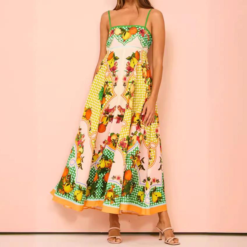 2025 European & American Women's Summer Sleeveless High-Waist Swing Dress with Sexy Suspender & Print Design