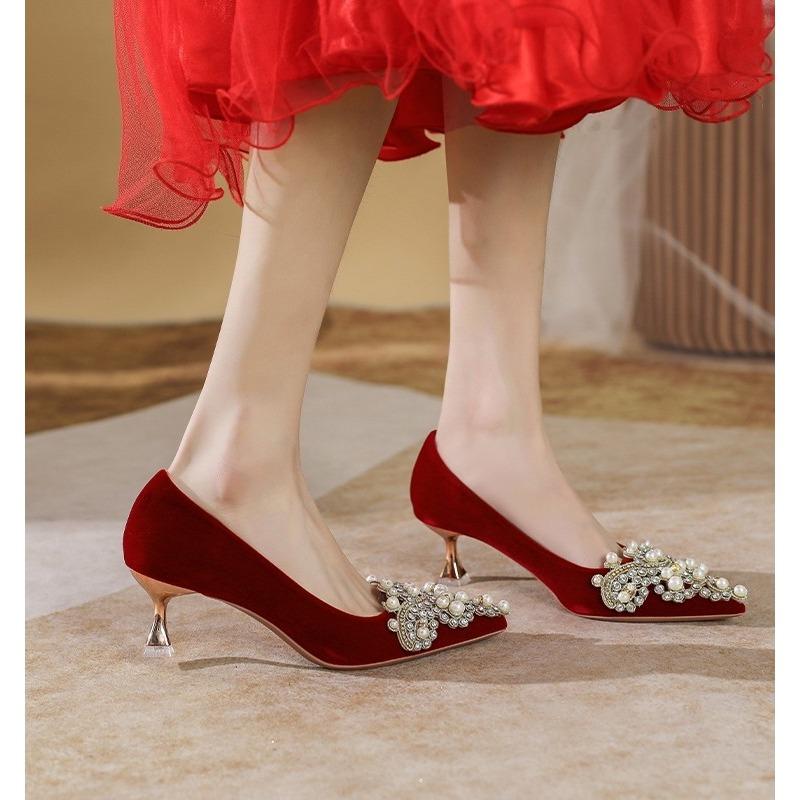 Plus Size Stiletto Wedding Shoes New French Pointed Toe Shallow Mouth Pearl Non-Slip Sneakers