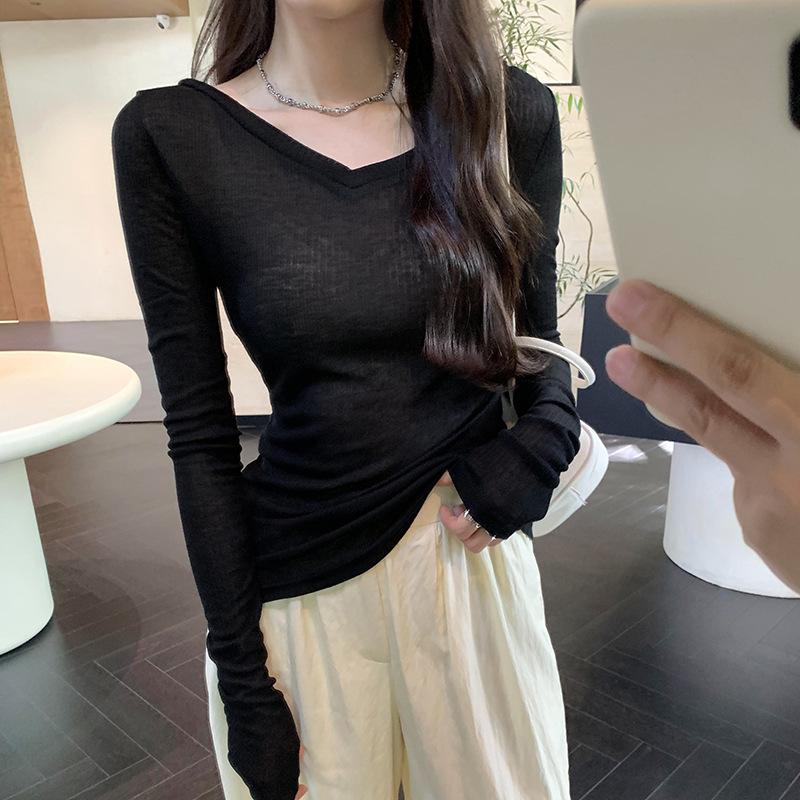 

Premium collar black knitted sunscreen blouse women s micro-transparent air-conditioned shirt summer sexy slim-fitting thin top XL чорний