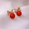 1 Pair Women Earrings Rhinestone Bow Red Faux Pearl Stud Earrings New Year Ear Studs Prom Dating Party Earrings New Year Gift