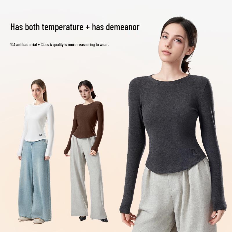 Dámský top z merino vlny s úzkým střihem, kulatým výstřihem a dlouhým rukávem - Podzimní styl